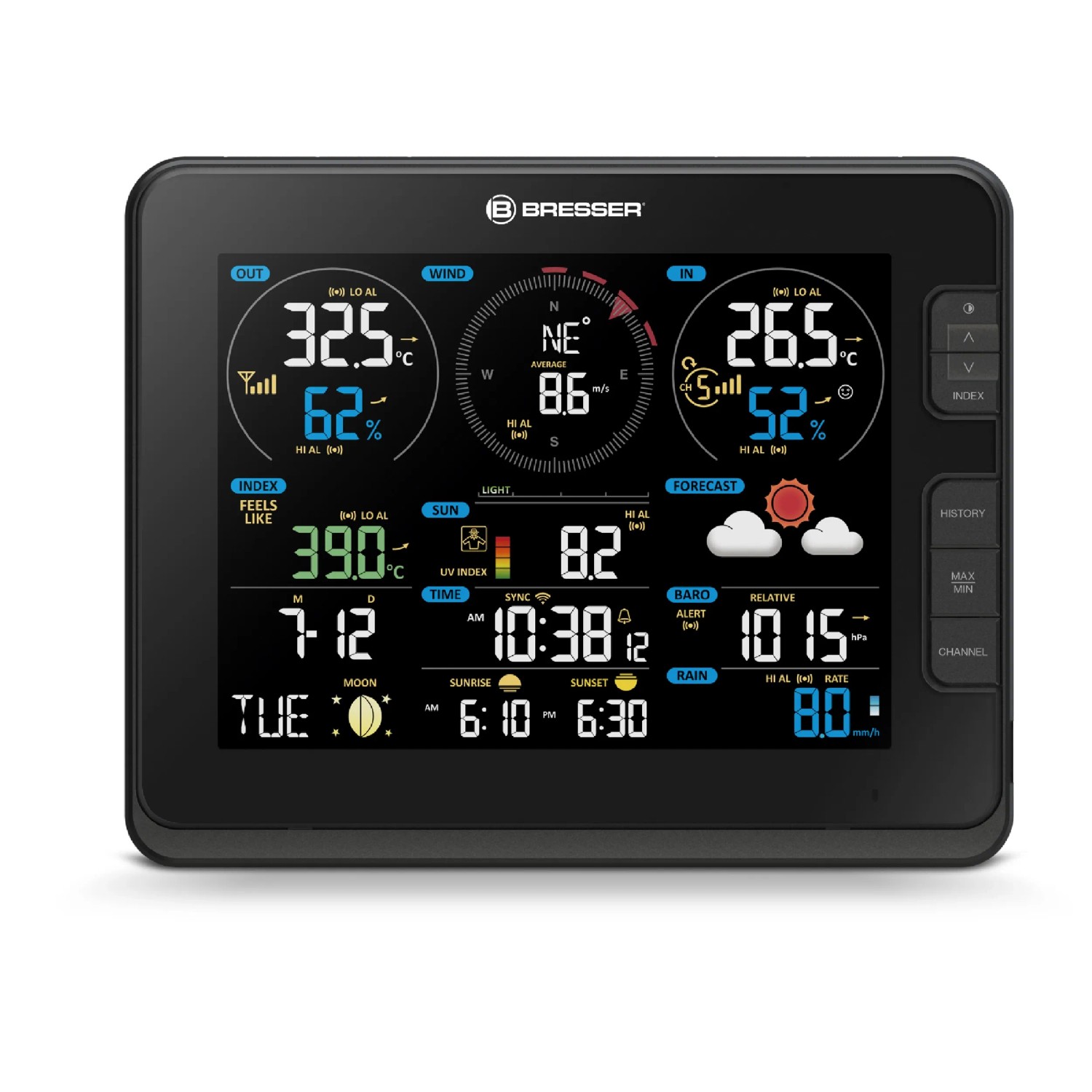 Bresser WLAN-Wetterstation Profi 7-in-1 mit Farbdisplay zur Anzeige von Wetterdaten.