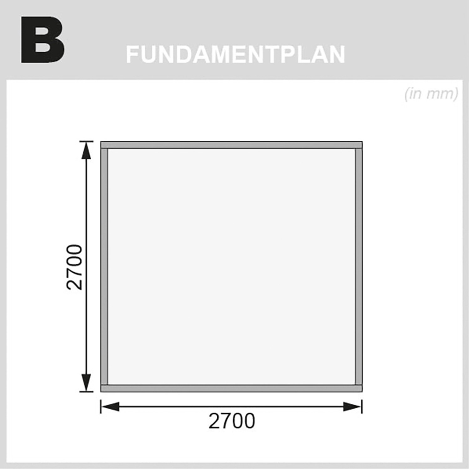Fundamentplan für Karibu Holz-Gartenhaus Kumla 6, 270x270 cm. Abmessungen in Millimeter.