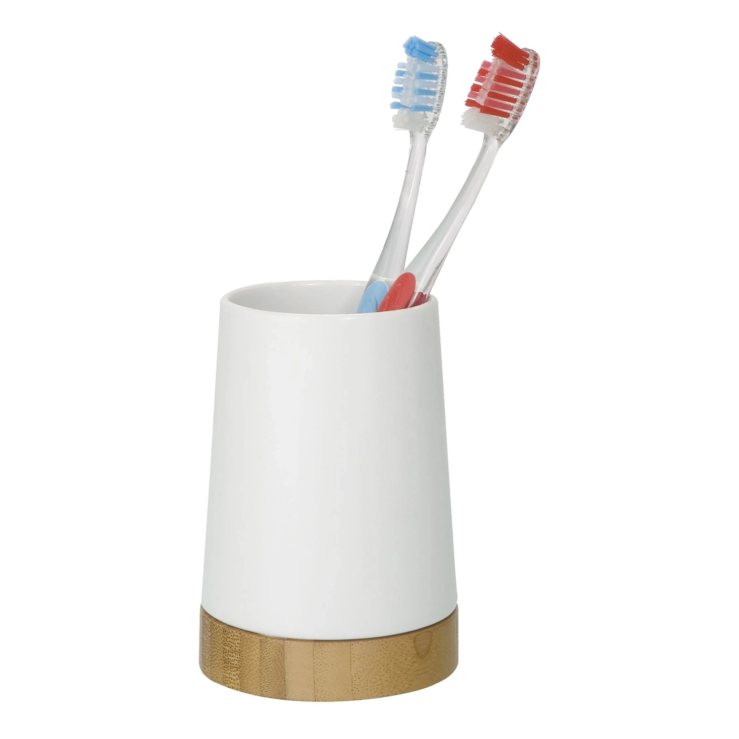 Wenko Zahnputzbecher Bamboo aus Keramik und Bambus, Farbe Weiß.