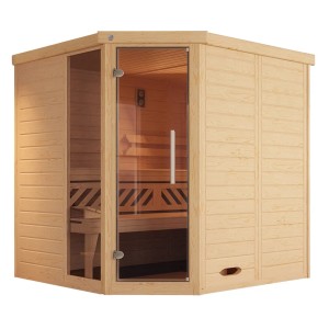 Weka Massivholzsauna Kemi Eck mit Glastür und Fenster. Elementsauna aus Fichtenholz mit Liegen.
