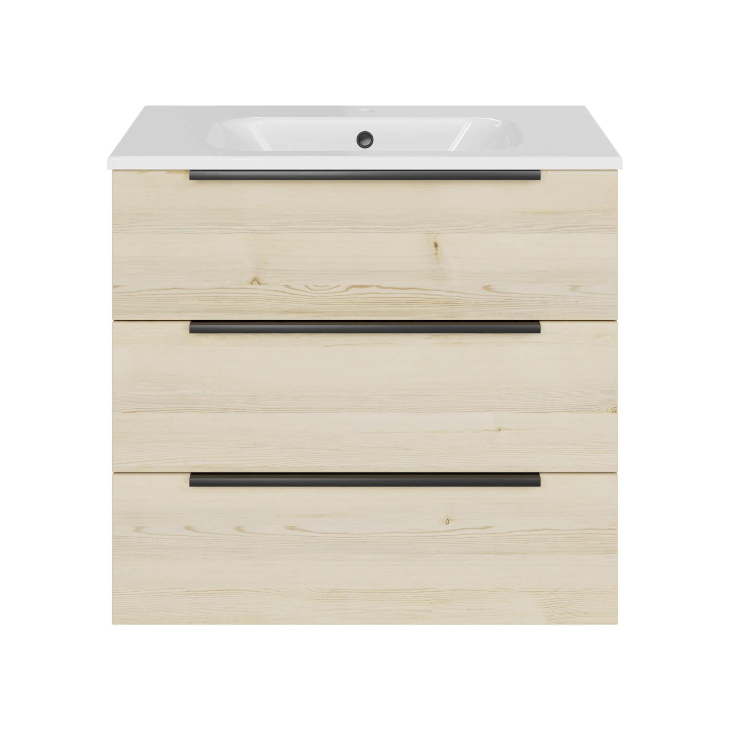 Pelipal Badmöbel-Set Quantum 07 in Polar Pinie Quer mit weißem Waschtisch und drei Auszügen.