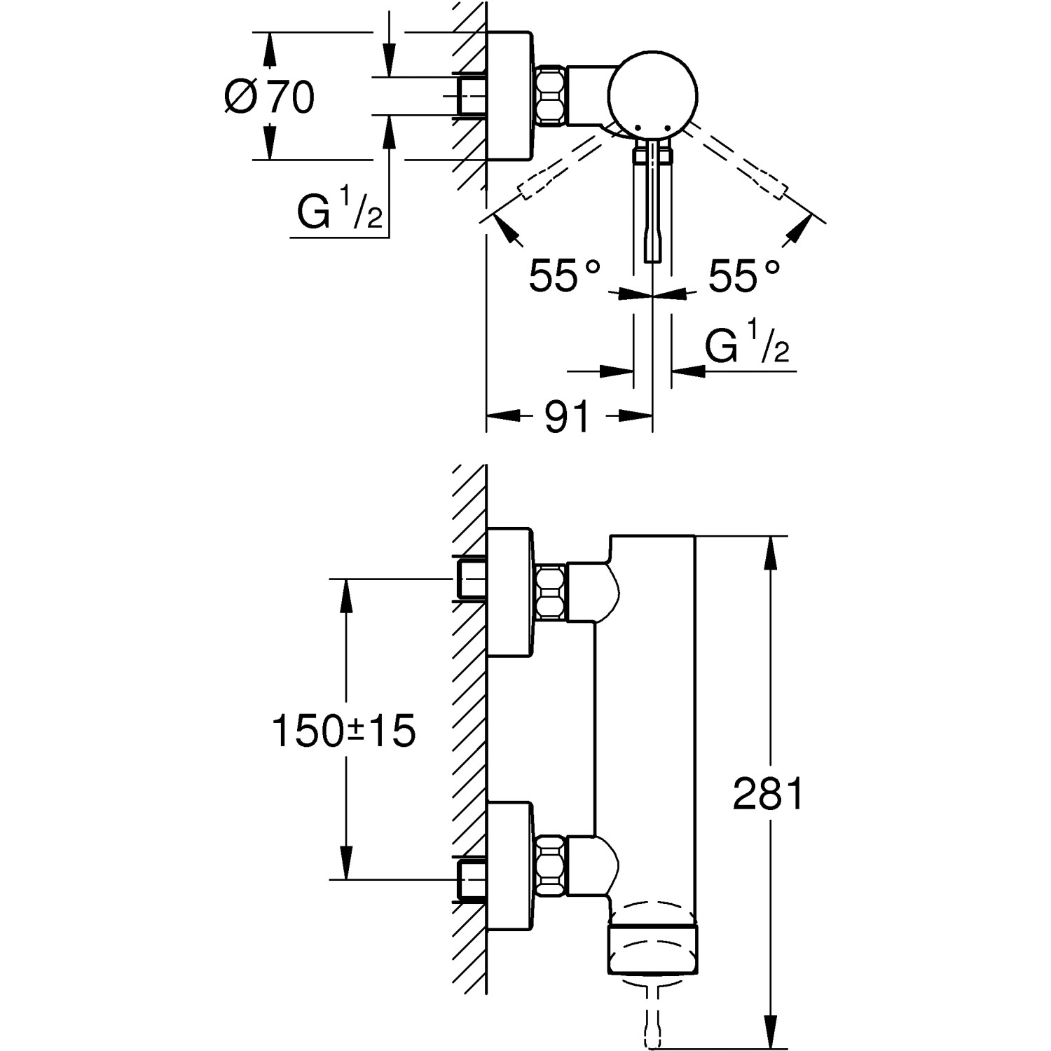 Technische Zeichnung Grohe Essence Einhand-Brausebatterie Supersteel mit Maßangaben für die Installation.