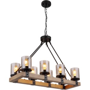 Globo Pendelleuchte mit 8 Rauchglas-Zylindern, Holzrahmen und schwarzem Metallelementen.