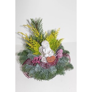 Grabschale mit Engel, ca. 15 cm, Brombeere. Dekoratives Grabgesteck mit Tanne und Engel.