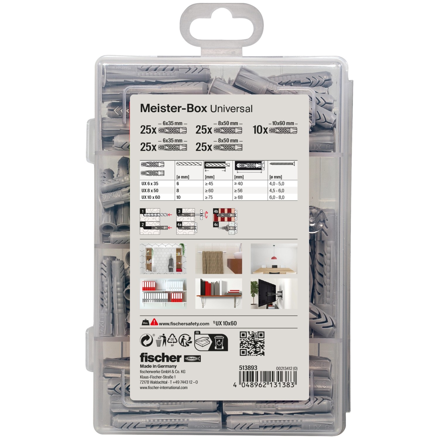 Fischer Meister-Box Universal mit 110 Dübeln in transparenter Kunststoffbox, verschiedene Größen.