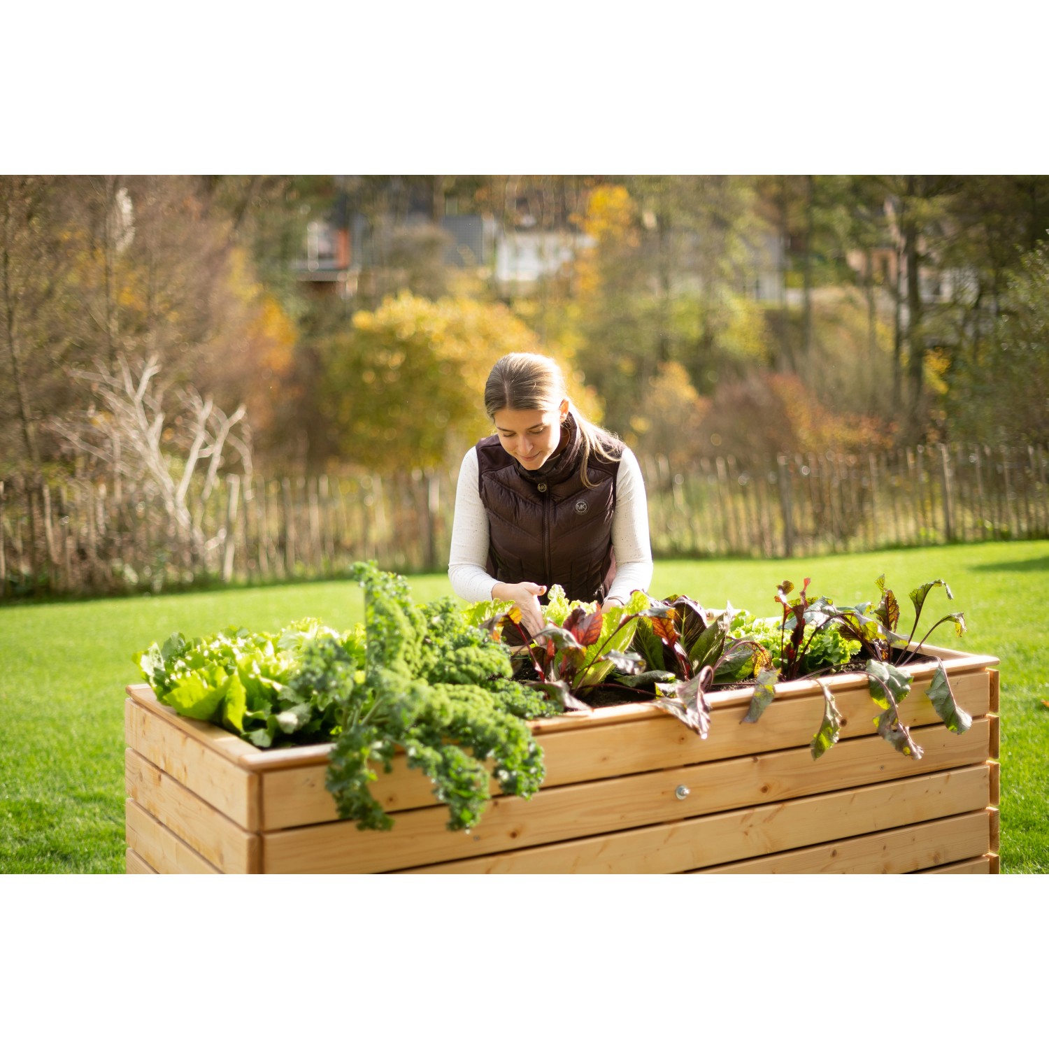 Westmann Hochbeet Fichte XL mit Frau beim Bepflanzen im Garten.
