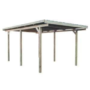Flachdach-Einzelcarport aus Holz, 495x303x228 cm, mit sechs Pfosten und PVC-Dach.