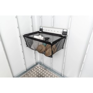 Biohort Einhängesack mit Wandschiene im Gerätehaus zur Aufbewahrung von Kleinteilen.