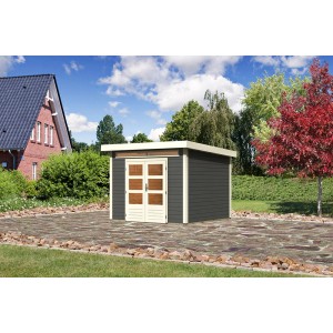 Terragraues Karibu Holz-Gartenhaus Kumla mit Pultdach, 270x270 cm.