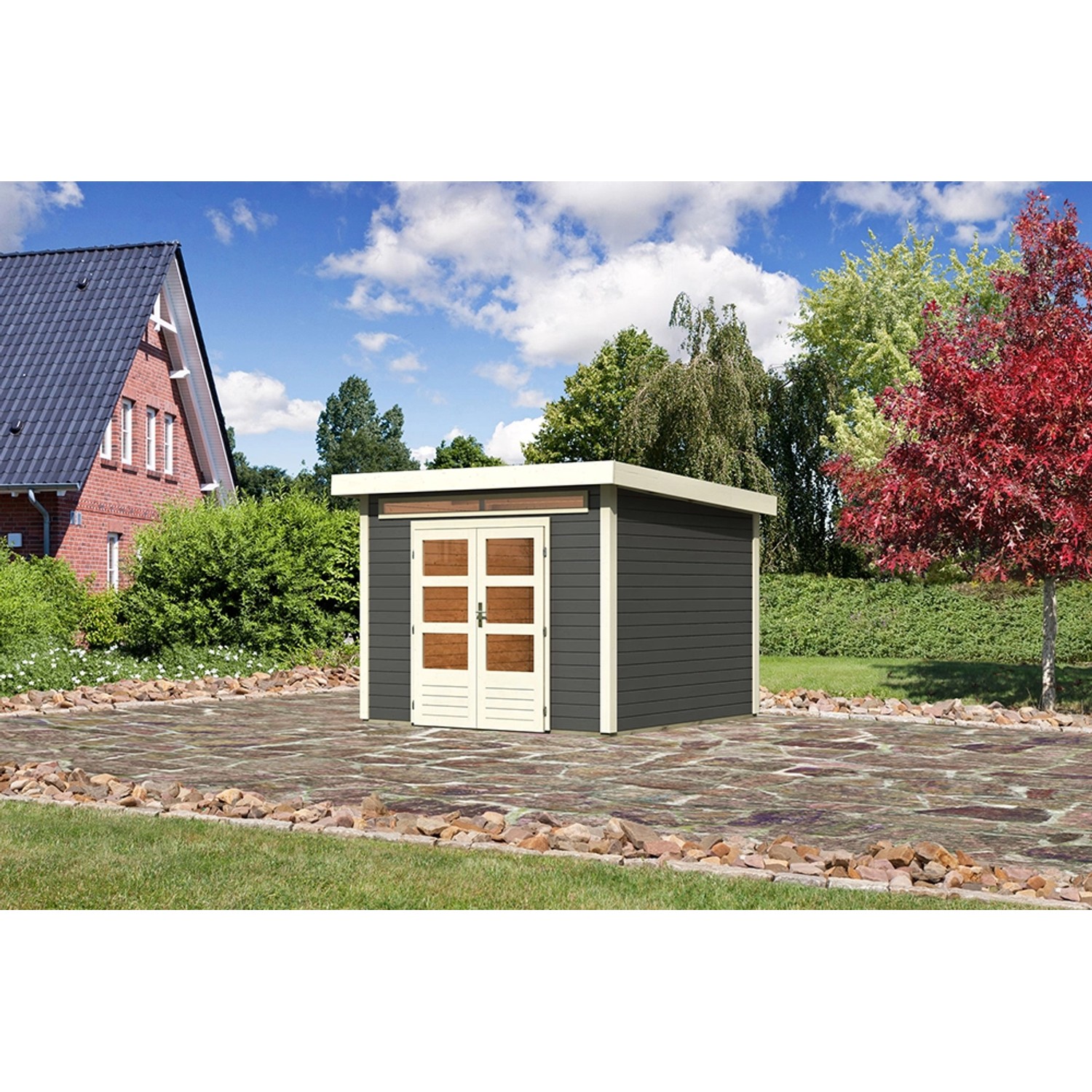 Terragraues Karibu Holz-Gartenhaus Kumla mit Pultdach, 270x270 cm.