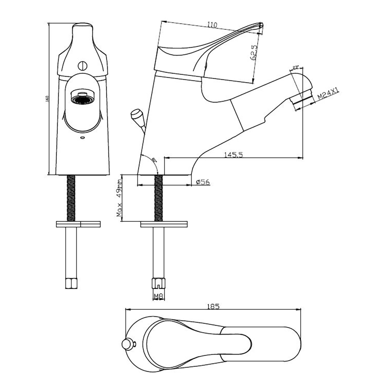 Technische Zeichnung: Waschbeckenarmatur Attica mit Haarbrause, Maße und Details.
