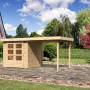 Naturbelassenes Karibu Express Gartenhaus Speedy A Set mit Anbaudach, 433x217cm.