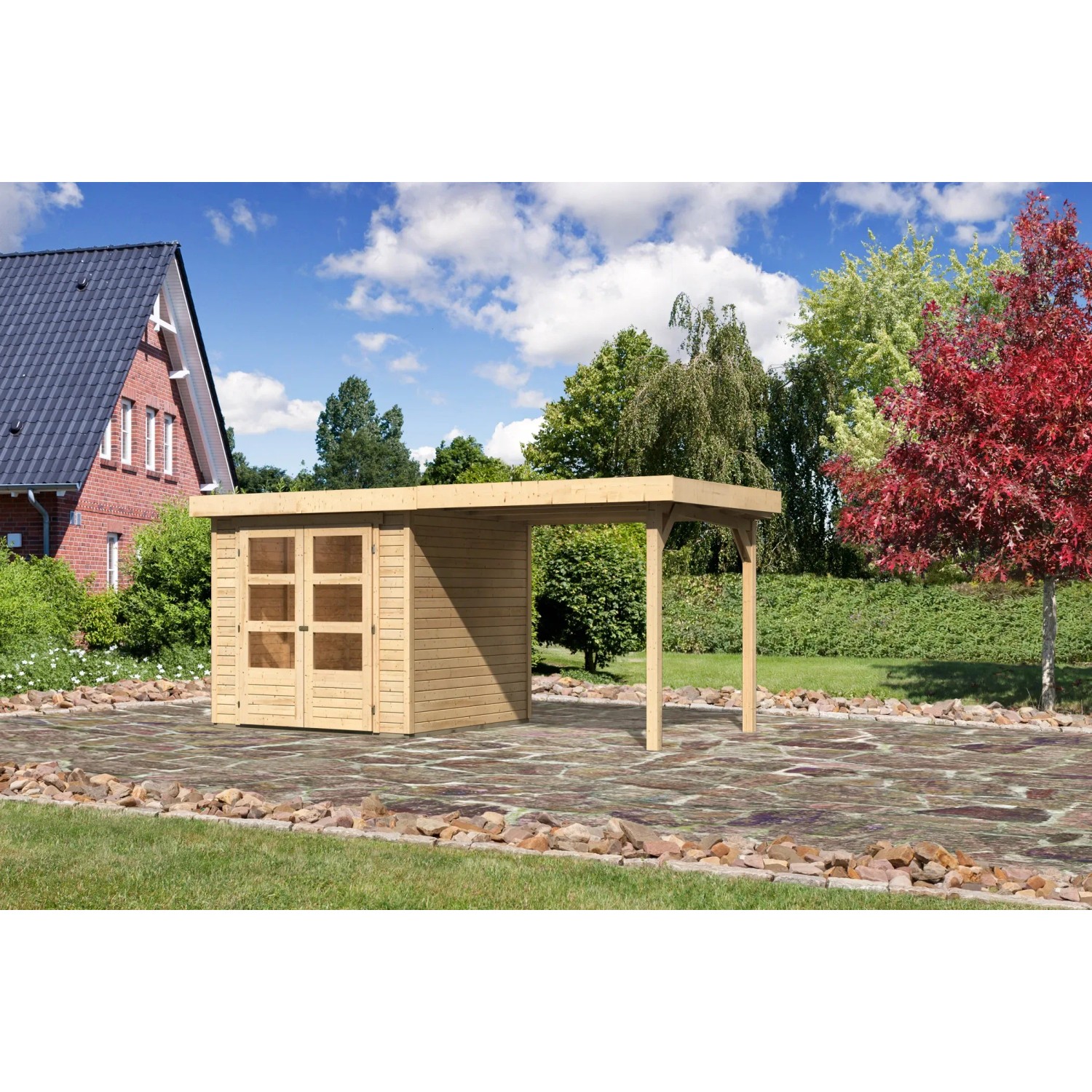 Naturbelassenes Karibu Express Gartenhaus Speedy A Set mit Anbaudach, 433x217cm.