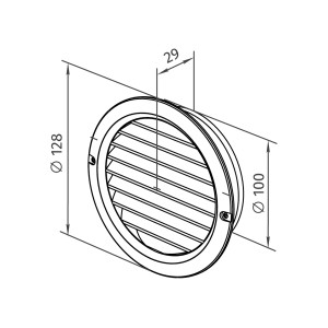 Technische Zeichnung: Dunkelgrauer Mauerlüfter mit Fliegennetz, Ø 128 mm.