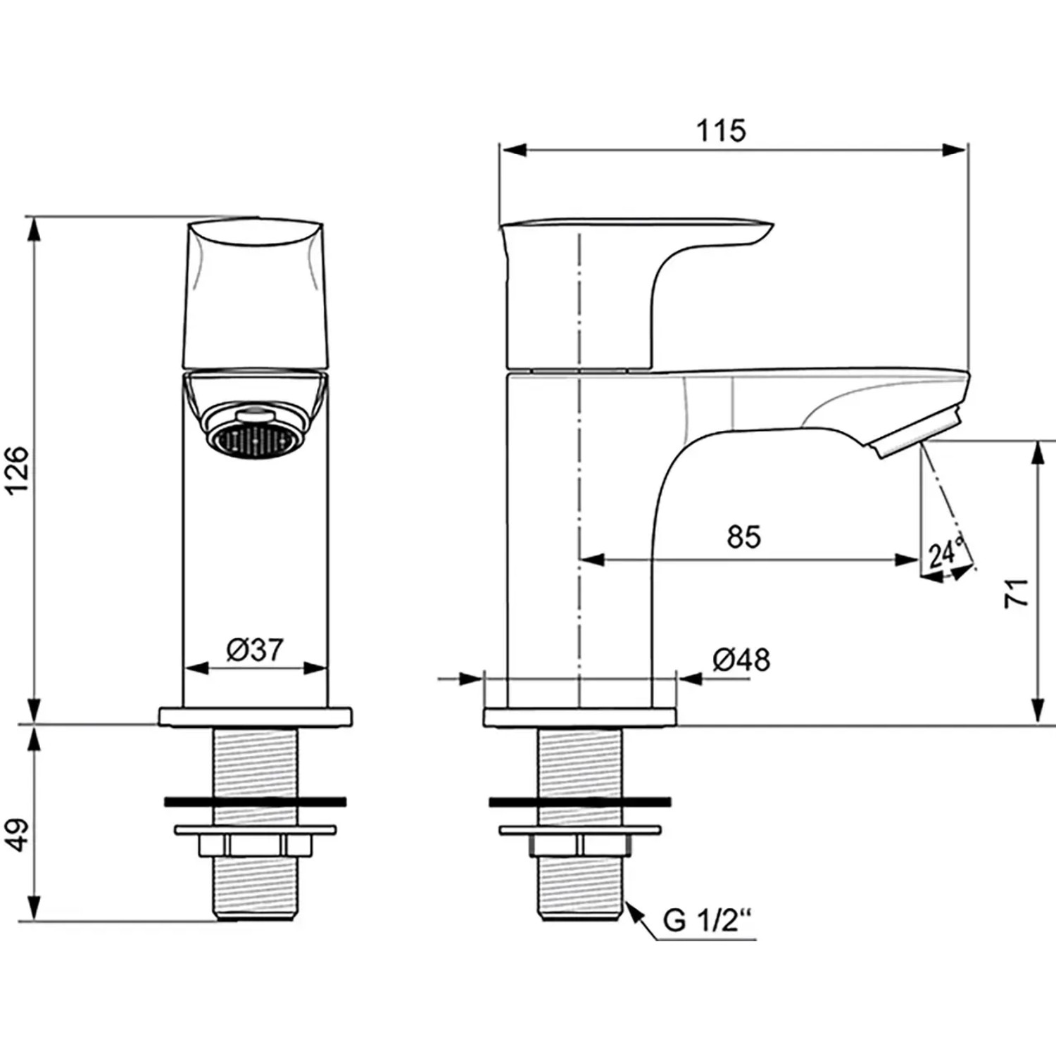 Technische Zeichnung: Ideal Standard Connect Air Standventil, Waschtischarmatur mit Maßen.