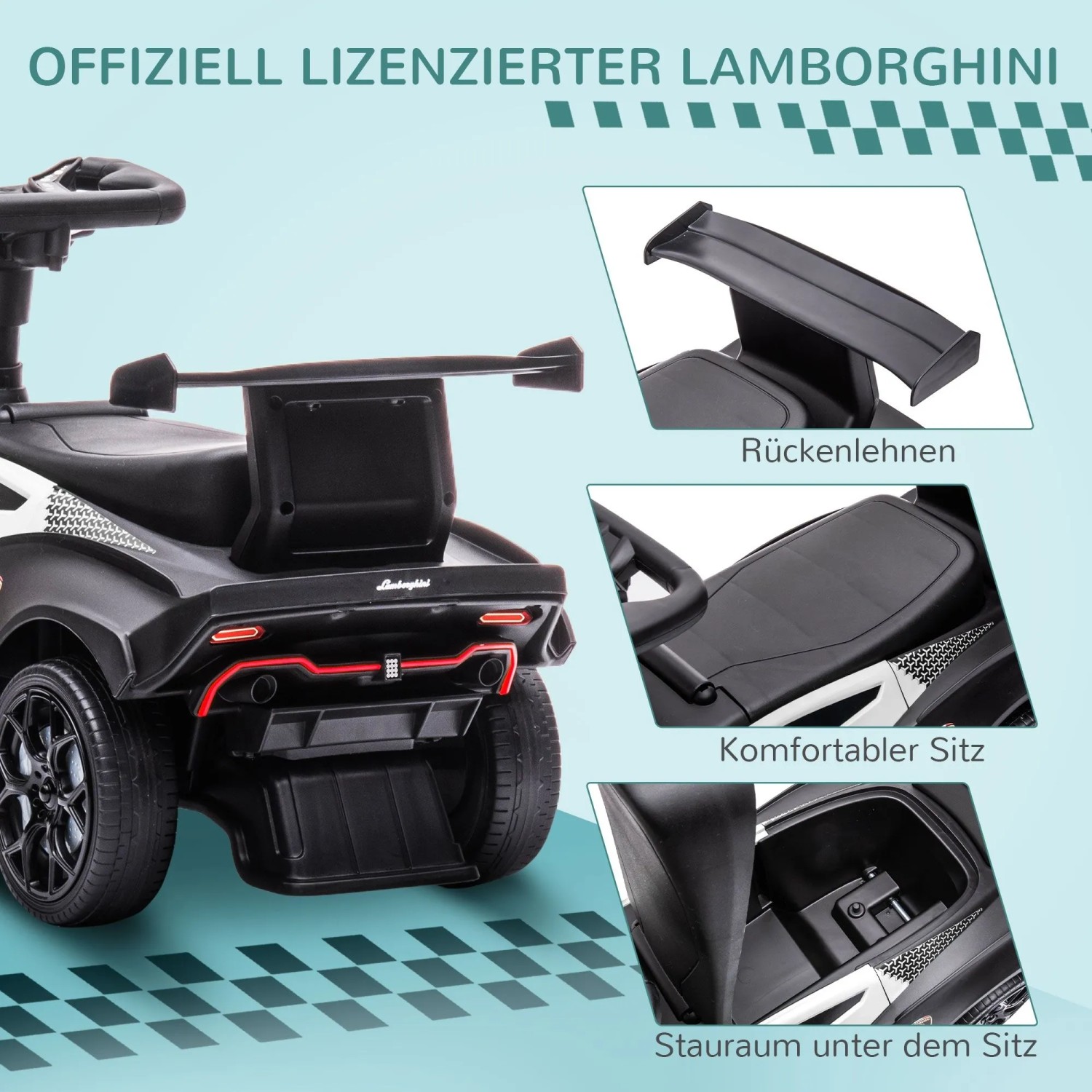 Schwarzes AIYAPLAY Lamborghini Kinderfahrzeug, Rutschauto mit Spoiler, bequemem Sitz und Stauraum.
