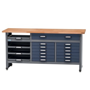 Küpper Werkbank mit 17 Schubladen, dunkelblau, mit Buchenholzplatte. Ideal für Werkstatt & Hobby.