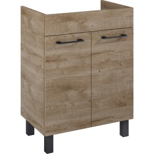 Maximus Waschbeckenunterschrank CHEESE in Eiche, 60 cm breit. Badmöbel mit zwei Türen und schwarzen Griffen.