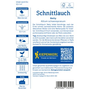 Kiepenkerl Schnittlauch Nelly Samenpackung mit Infos zu Aussaat und Ernte.