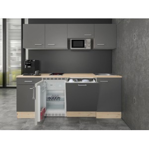 Flex-Well Miniküche Morena, 210 cm, basaltgrau/Eiche, mit E-Geräten wie Kühlschrank und Geschirrspüler.