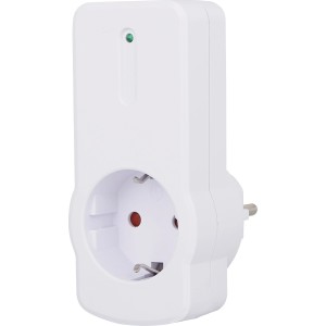 Weiße Funksteckdose mit LED-Anzeige für Hausfunksteuerung.