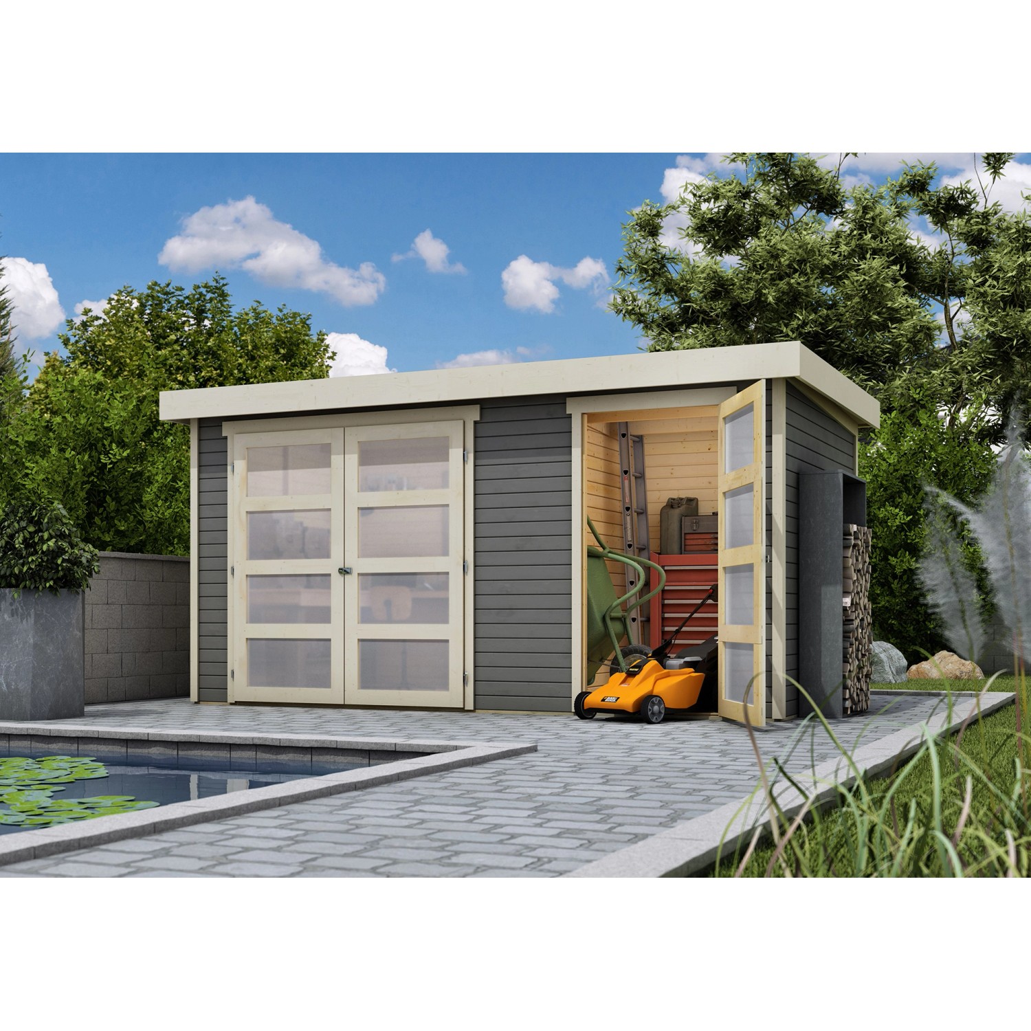 Karibu Holz-Gartenhaus Nürnberg, terragrau, 400x213 cm, mit Doppeltür und geöffneter Tür, Rasenmäher sichtbar.