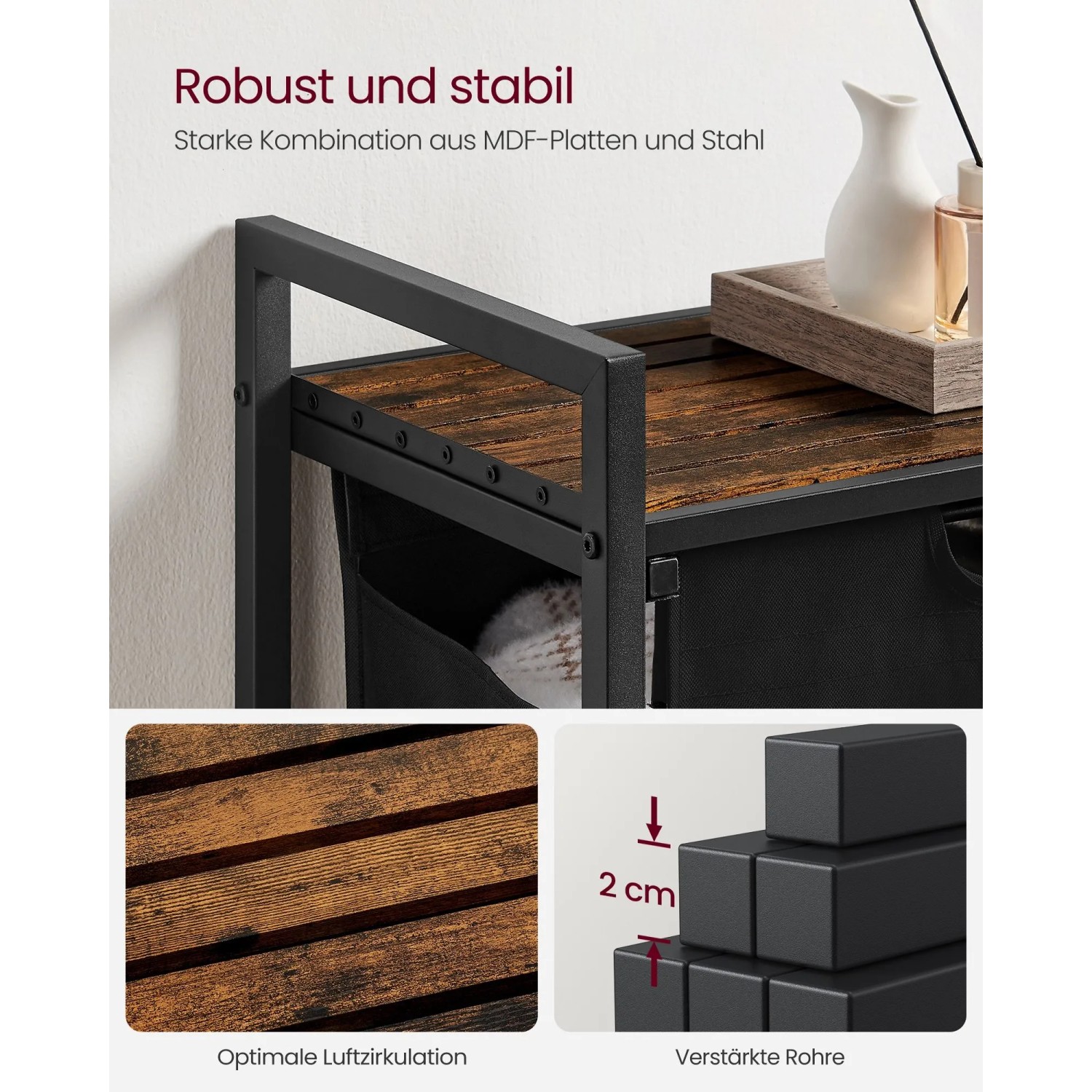 Vasagle Wäschesammler mit Ablage, braun-schwarz, Stahlrahmen, Lamellendesign für Luftzirkulation.