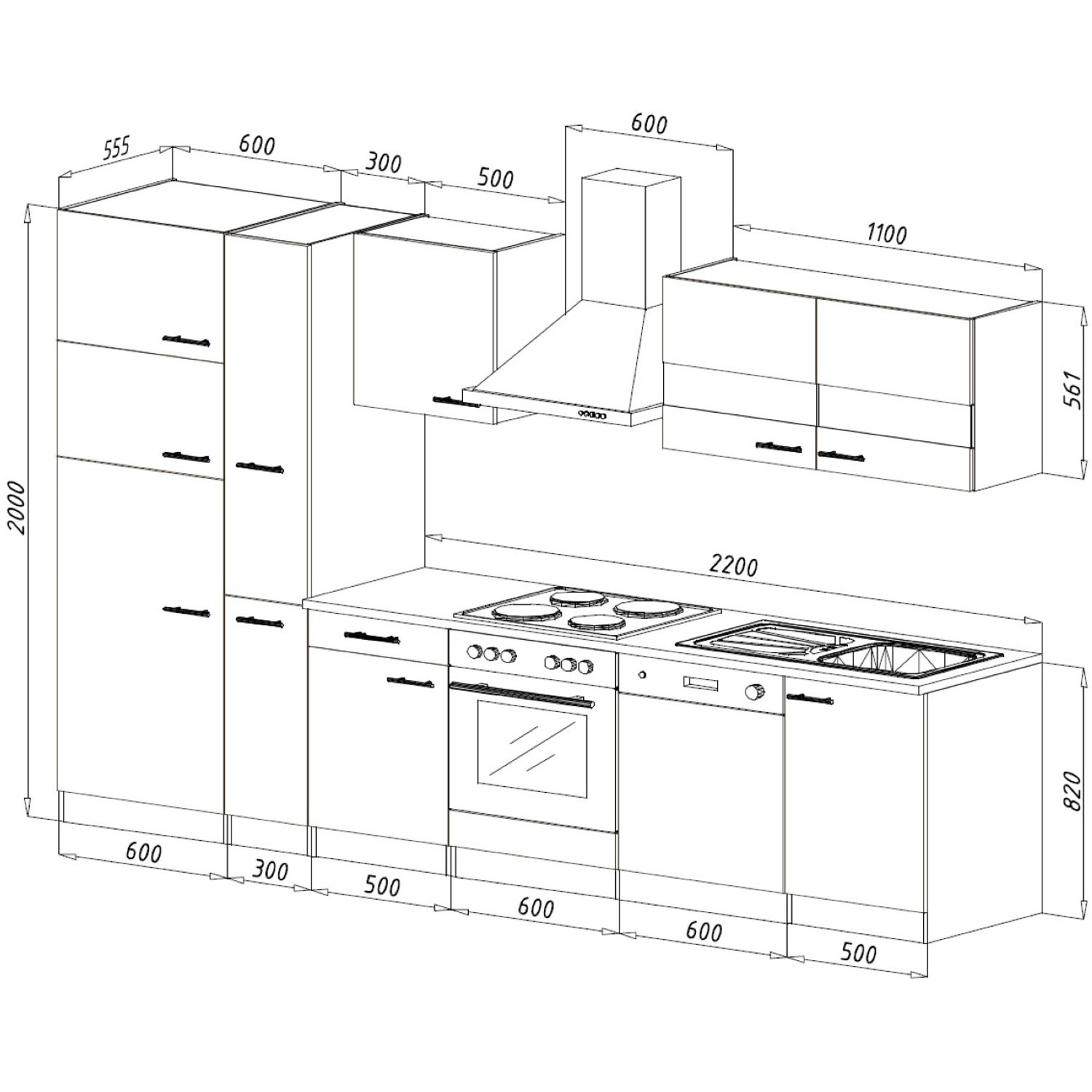 Skizze einer grauen Respekta Küchenzeile KB310ESGCGKE (310 cm) in Eiche Sägerau Optik mit Elektrogeräten.