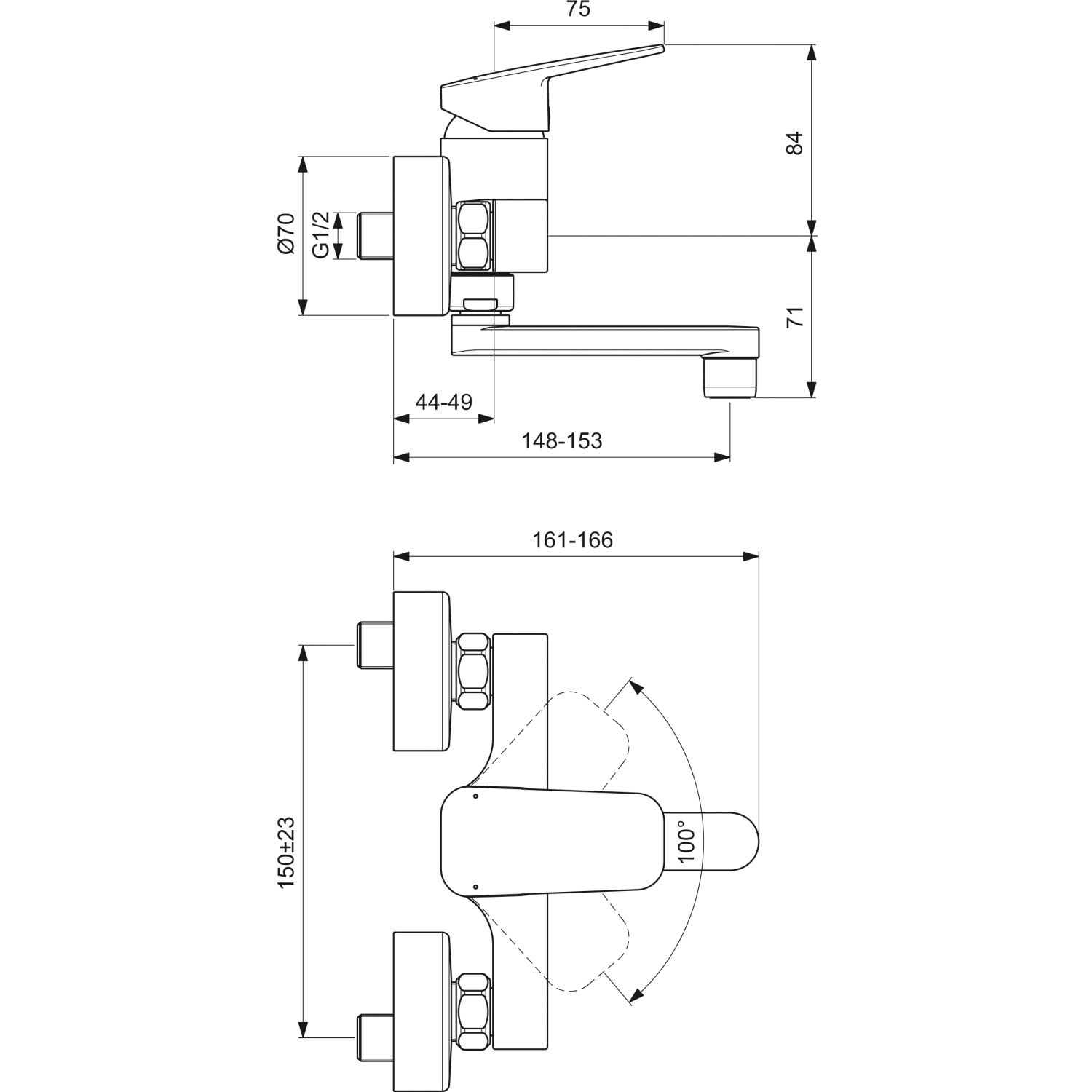 Technische Zeichnung: Ideal Standard Ceraplan Wand-Waschtischarmatur, Chrom, Maße und Details.
