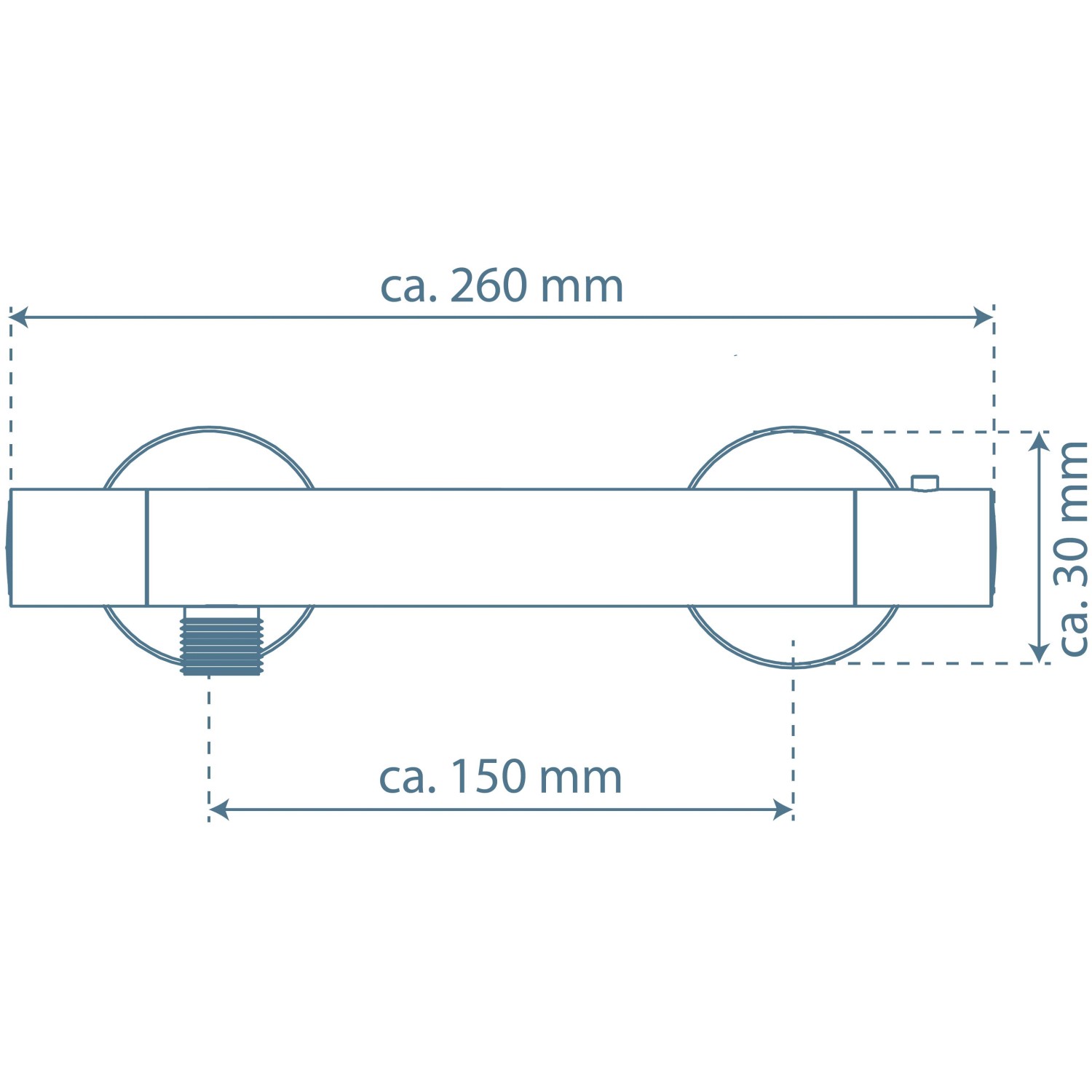 Technische Zeichnung der Thermostat-Duscharmatur Vico mit Maßangaben.