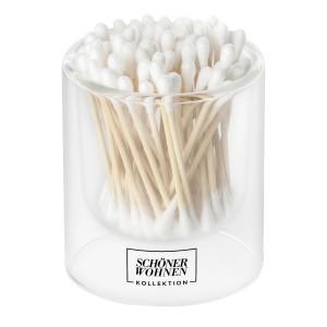 Schöner Wohnen Wattestäbchen im Glasbehälter. Badaccessoire mit Holzstäbchen und Glas.