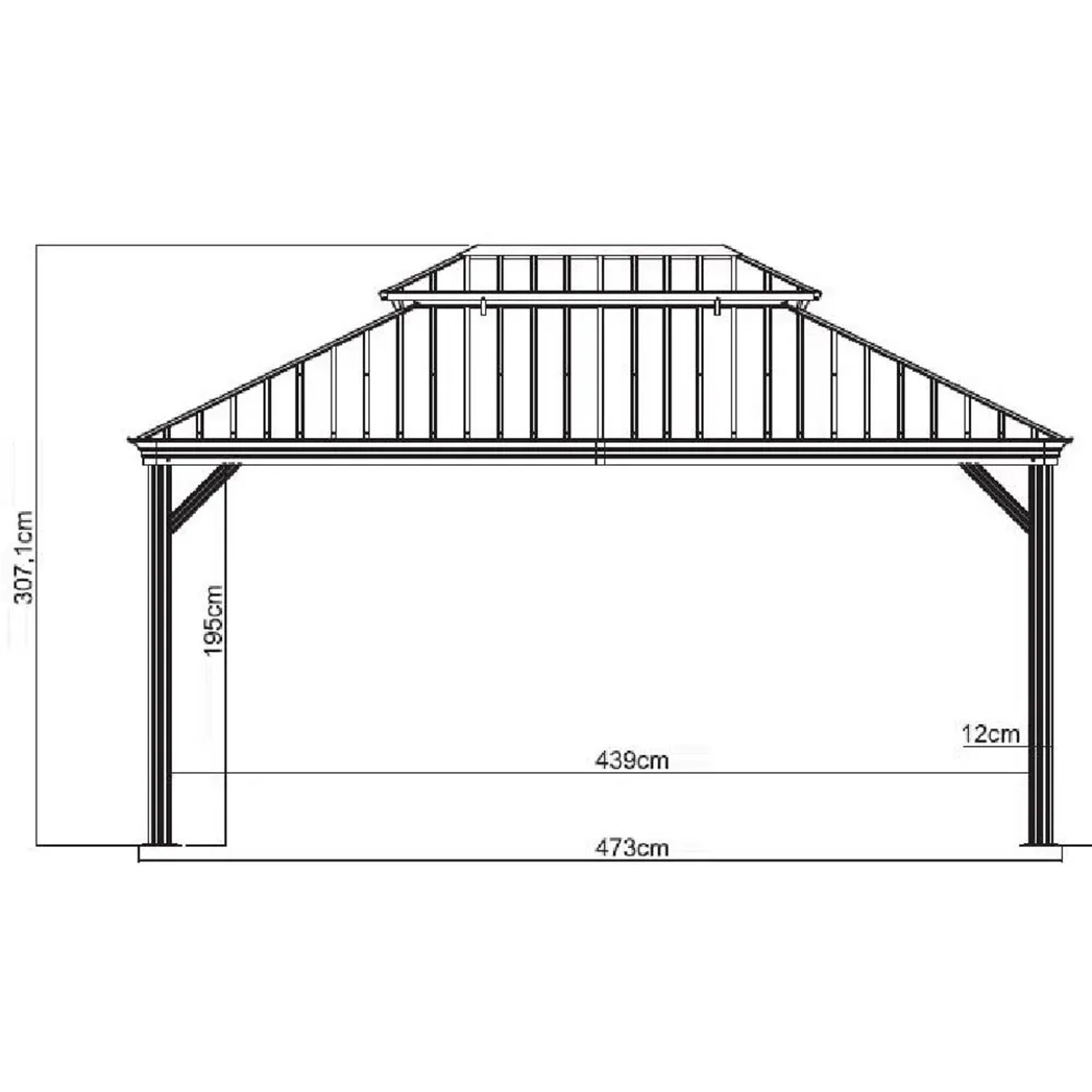 Skizze des Sojag Aluminium-Pavillons Messina 12x16 in Anthrazit mit Maßangaben.