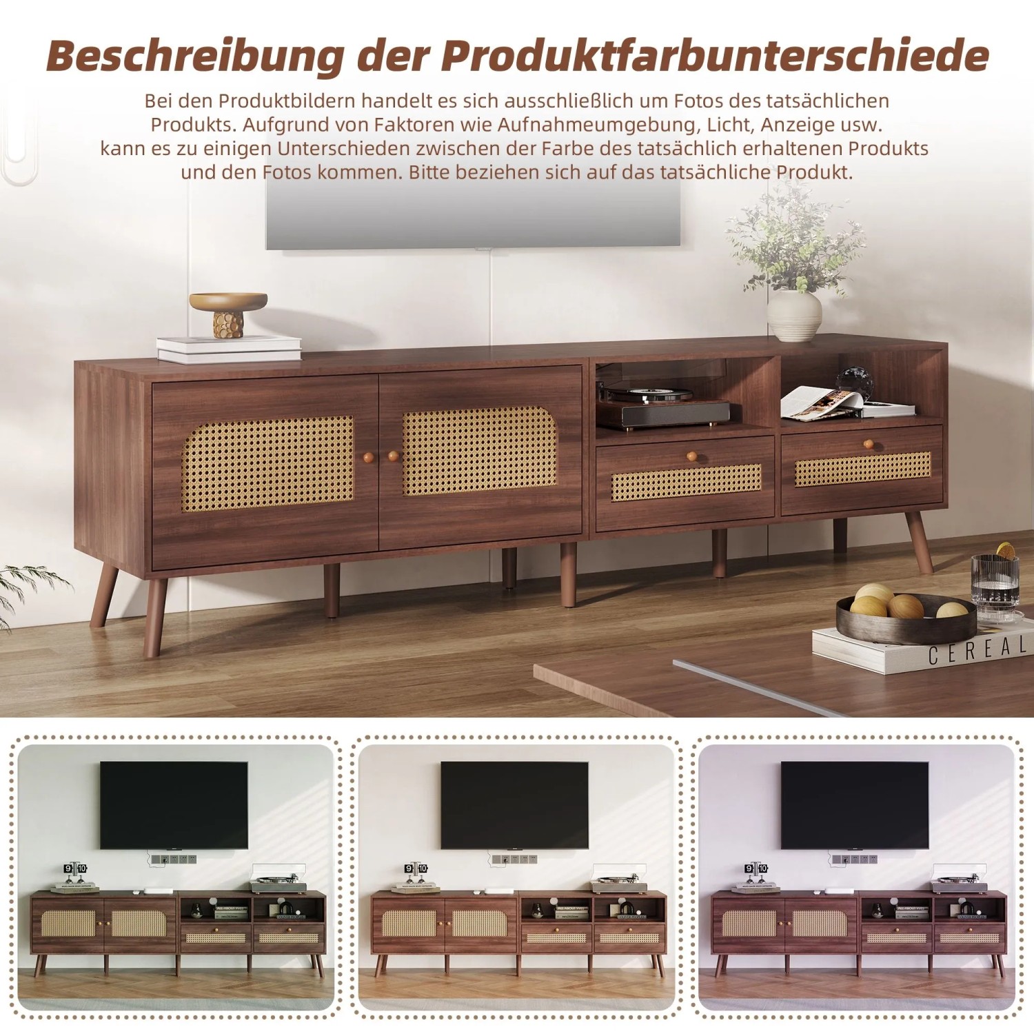 okwish TV Schrank mit Rattan Türen Schubladen Füßen Stauraum 200x37x49.5cm Braun_7