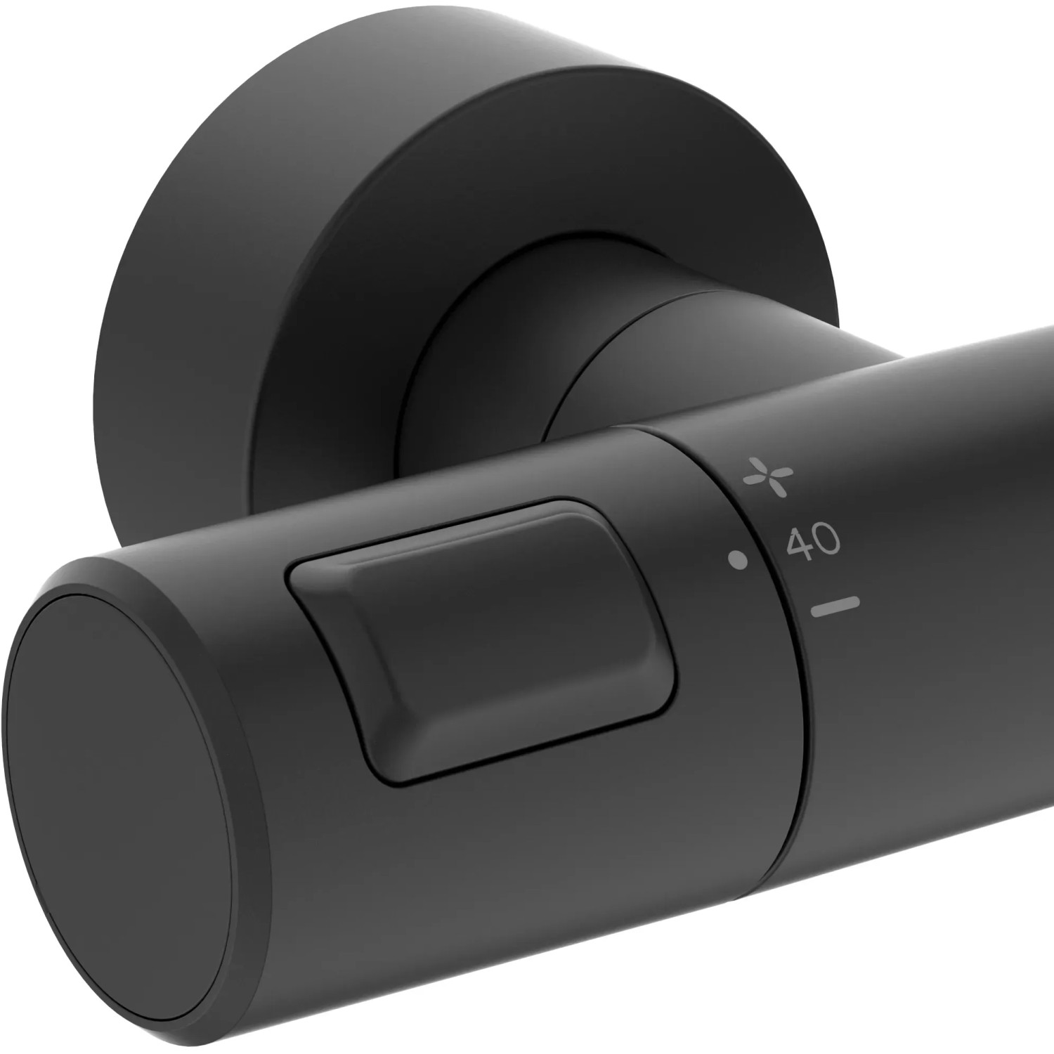 Detailaufnahme: Ideal Standard Ceratherm T25 Duschsystem in Schwarz mit Temperaturregler.