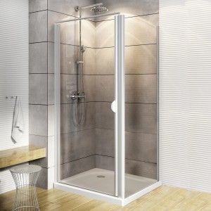 Schulte Eckdusche mit Drehtür und Seitenwand, Echtglas klar, weiße Profile, 90x90x180 cm.