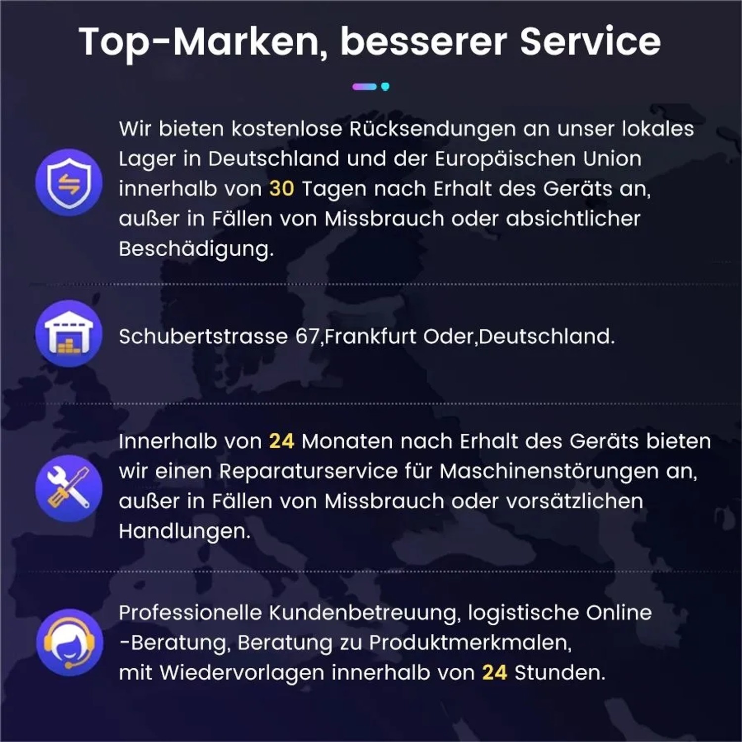 Serviceinformationen für Junsun Autoradio: kostenlose Rücksendung, 24 Monate Reparaturservice, Kundensupport.