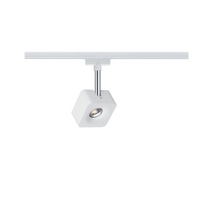 Weißer Paulmann URail LED Spot Cube (8W) an Schiene. Dimmbare Schienenleuchte für URail Systeme.