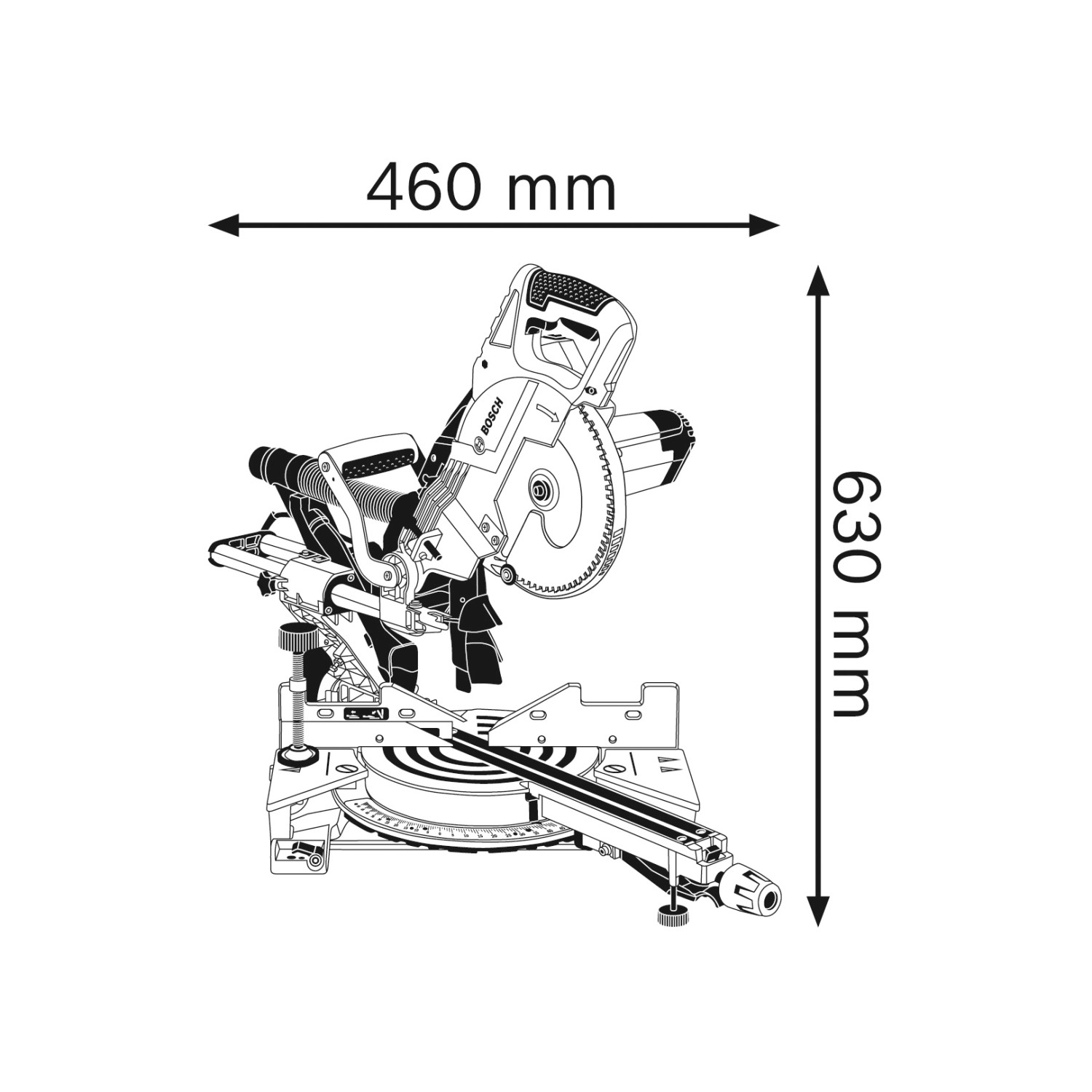 Skizze der Bosch Professional GCM 8 SJL Paneelsäge mit Maßangaben (460 x 630 mm).
