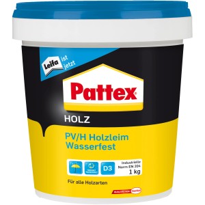 Pattex PV/H Holzleim Wasserfest, 1 kg, weiß, für alle Holzarten geeignet.