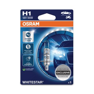 Osram H1 Whitestar Scheinwerferlampe, 12V 55W für Autoelektrik. Bis zu 100% helleres Licht.
