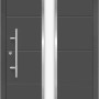 Moderne anthrazitfarbene Aluminium-Haustür mit Edelstahlgriff und satiniertem Glas-Streifen.