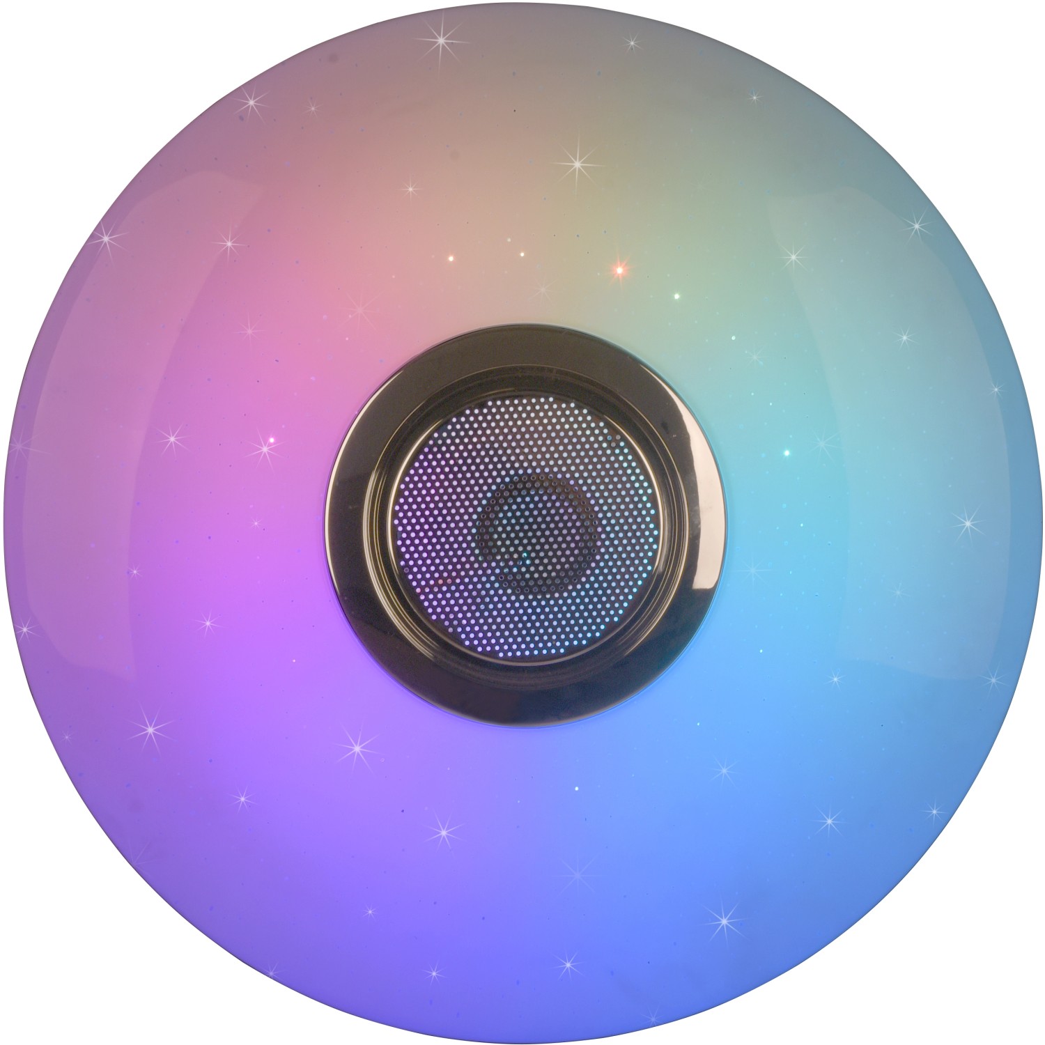 Weiße LED-Deckenleuchte Musica mit Lautsprecher und Farbwechsel für stimmungsvolles Licht.