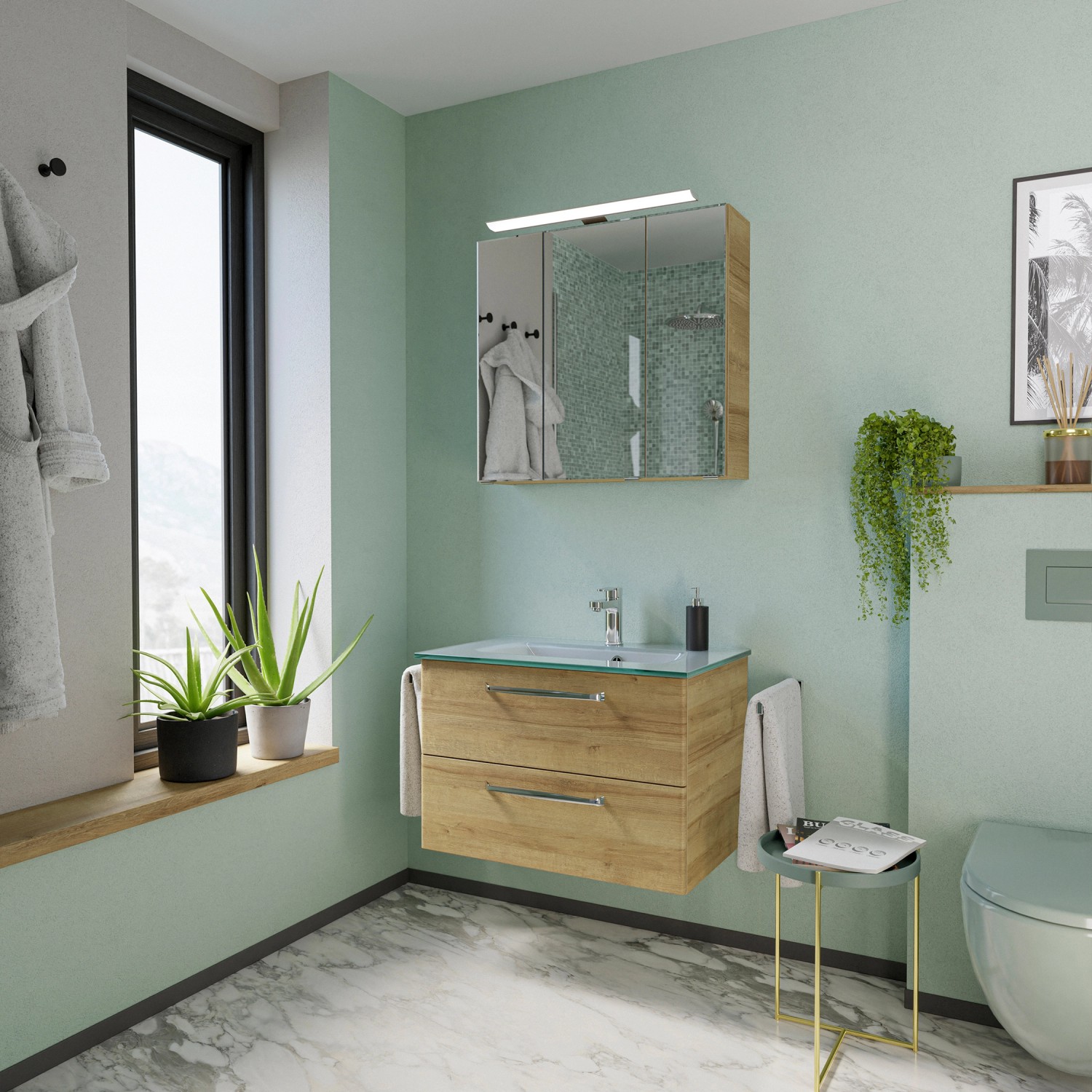 Pelipal Glas-Waschbecken Trentino, 77 cm, in modernem Badezimmer mit Holzunterschrank und Spiegelschrank.