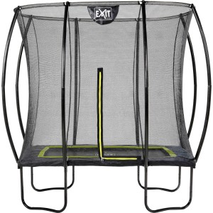 Schwarzes EXIT Silhouette Gartentrampolin, rechteckig, mit Sicherheitsnetz.