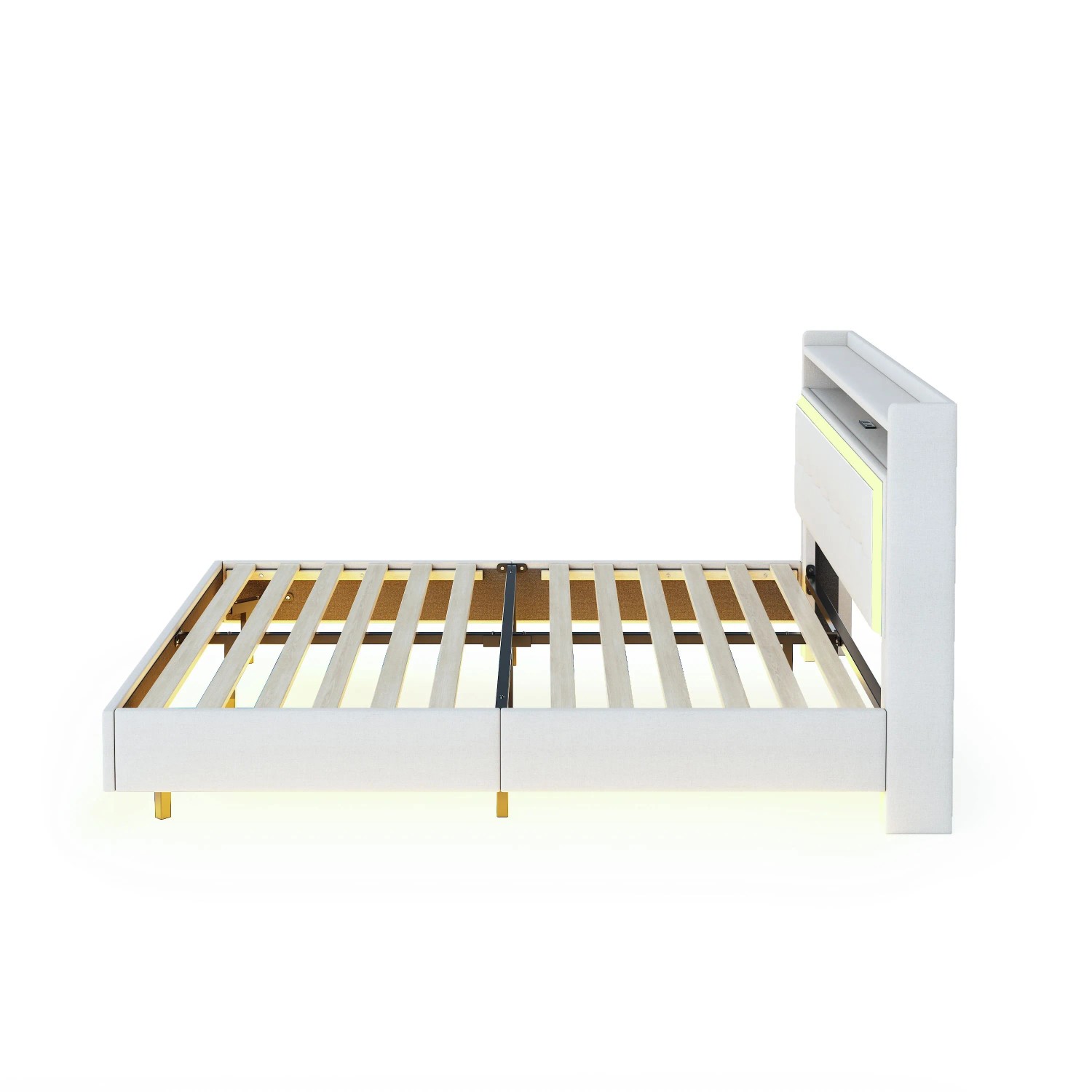 okwish Polsterbett 140x200cm mit USB LED Verstecktem Fußteil Beige ohne Matratze_10