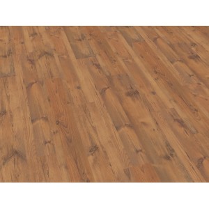 Laminatboden Comfort Pinie Mokka Dunkel, 7 mm stark, mit Holzstruktur und Maserung.