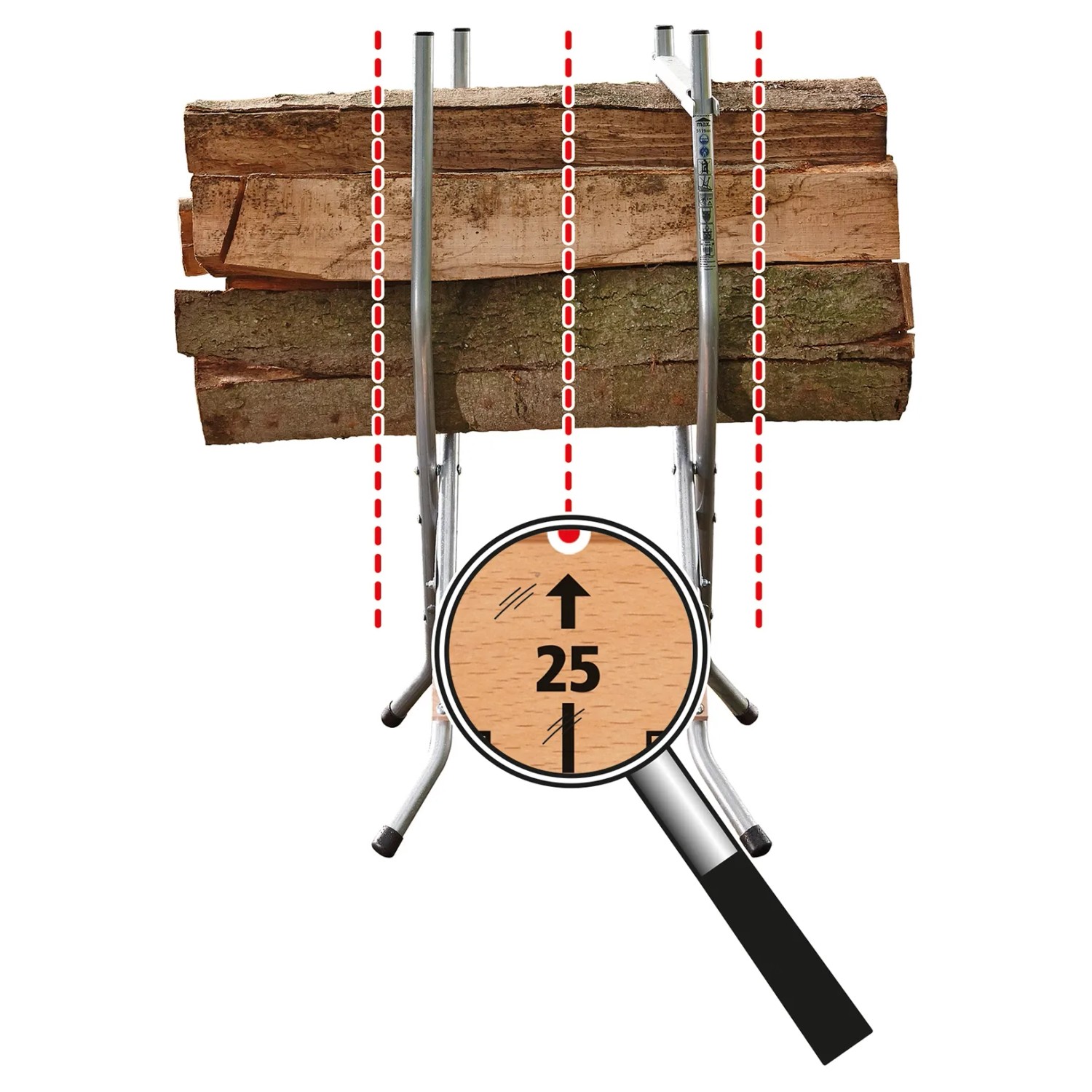 wolfcraft Sägebock SB 60 klappbar mit Holzscheiten und Markierung für 25cm Sägelänge.