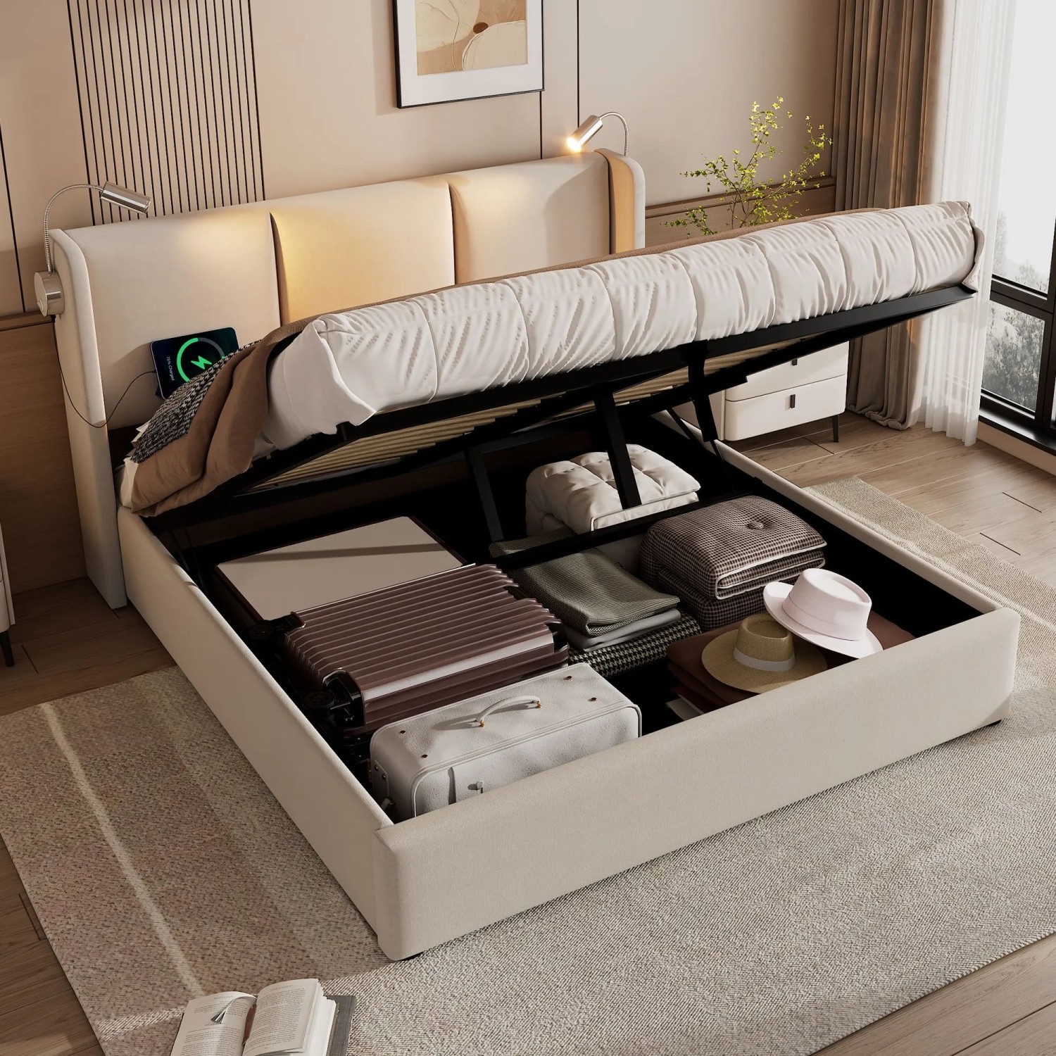 okwish Polsterbett 160x200cm mit Stauraum USB Leselicht Jugendzimmer Beige ohne Matratze_6
