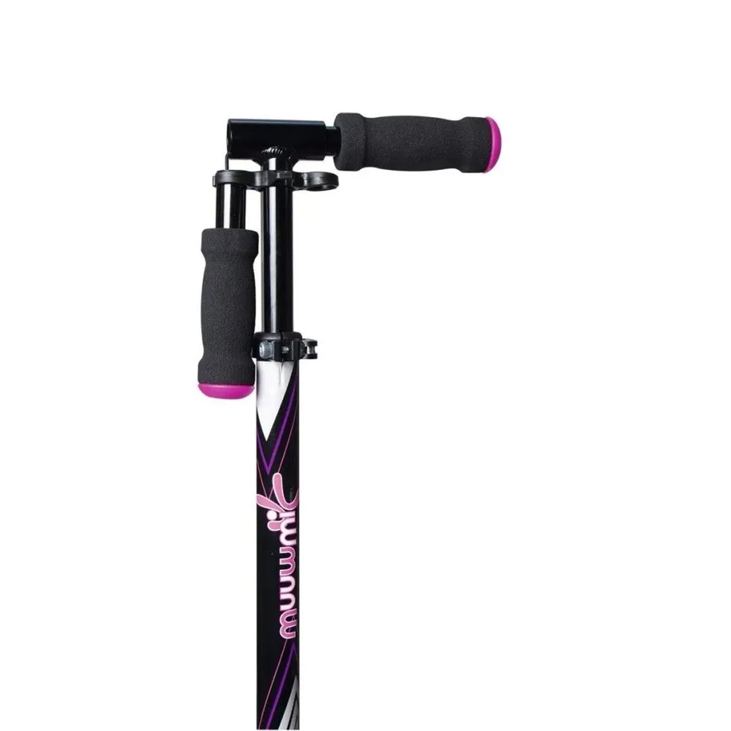 Muuwmi Aluminium Scooter, pinke Griffe, schwarzer Lenker und Vorbau mit lila Design. Tretroller für Kinder & Erwachsene.