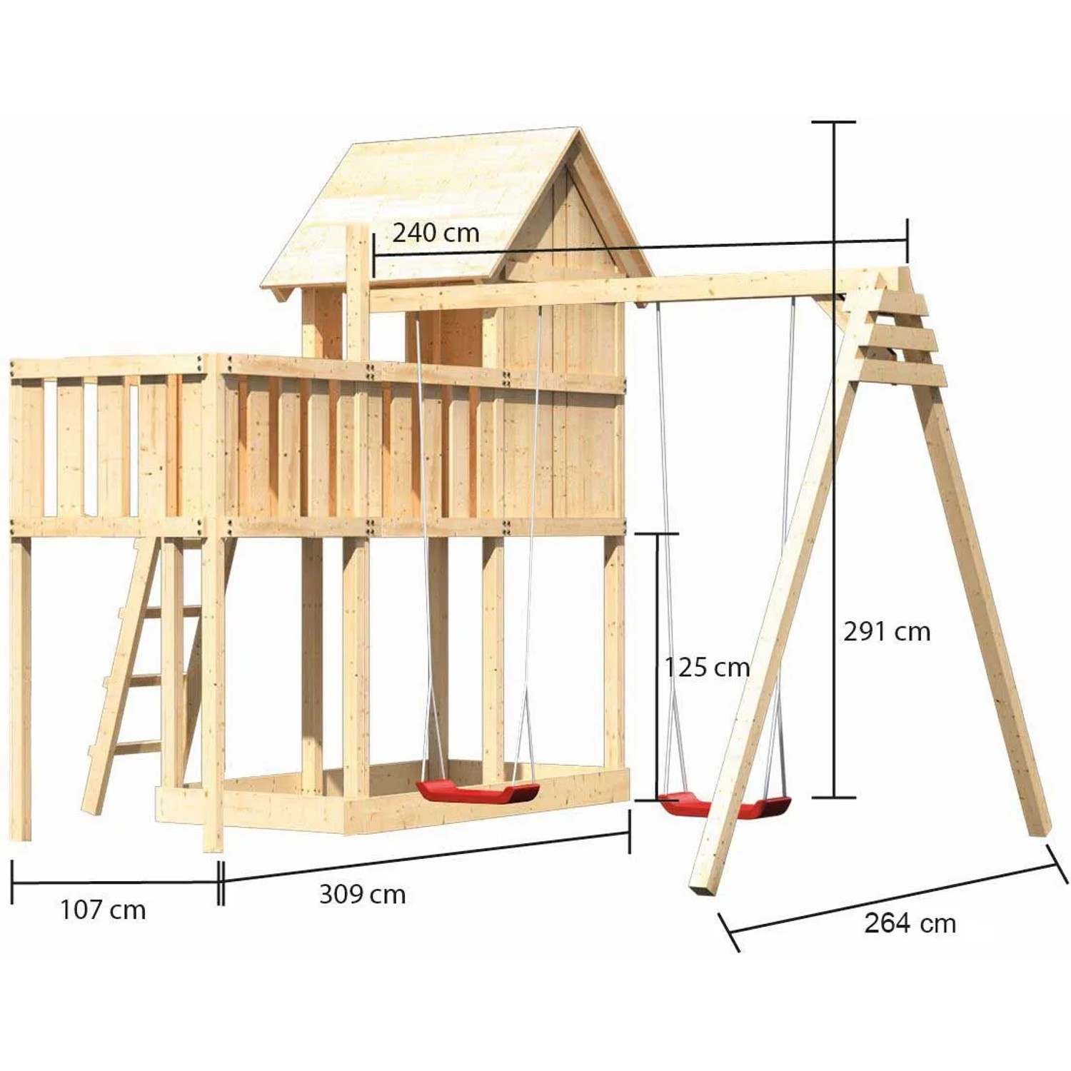 Karibu Stelzenhaus Frieda mit Doppelschaukel und Anbauplattform, naturbelassenes Holz, mit Maßangaben.